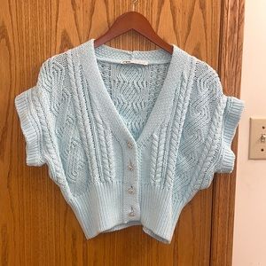 Zara Blue Floral Jewelled Button Up Cropped Knit Cardigan